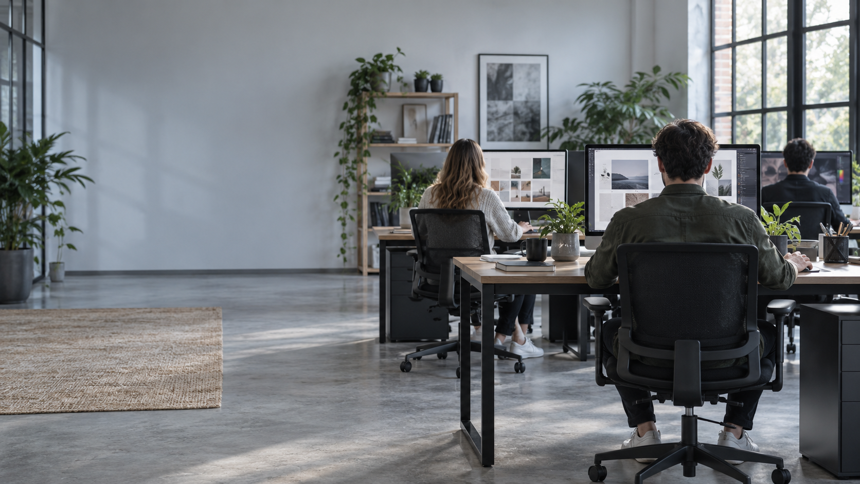 Menschen arbeiten im Büro an Monitoren, von hinten aufgenommen ohne sichtbare Gesichter